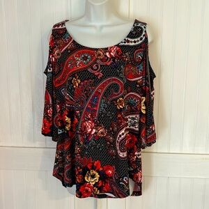 ECI New York: cold shoulder, bright black/orange Paisley/floral print size M ￼